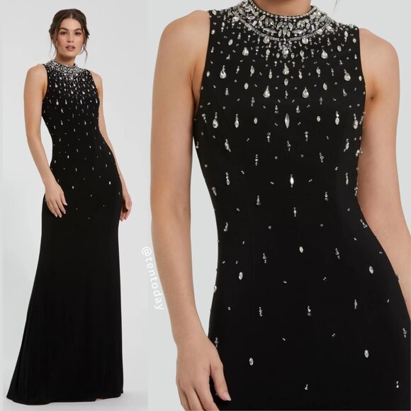 Mac Duggal Size 2 Black Jersey Knit Jeweled Sleeveless Long Maxi Dress Gown - Picture 1 of 4